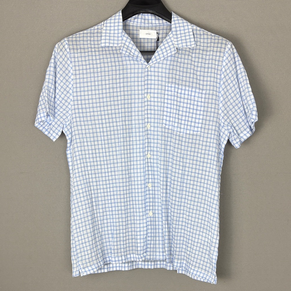 Onia Light Blue and White Checked Short-Sleeve Button-Down Shirt